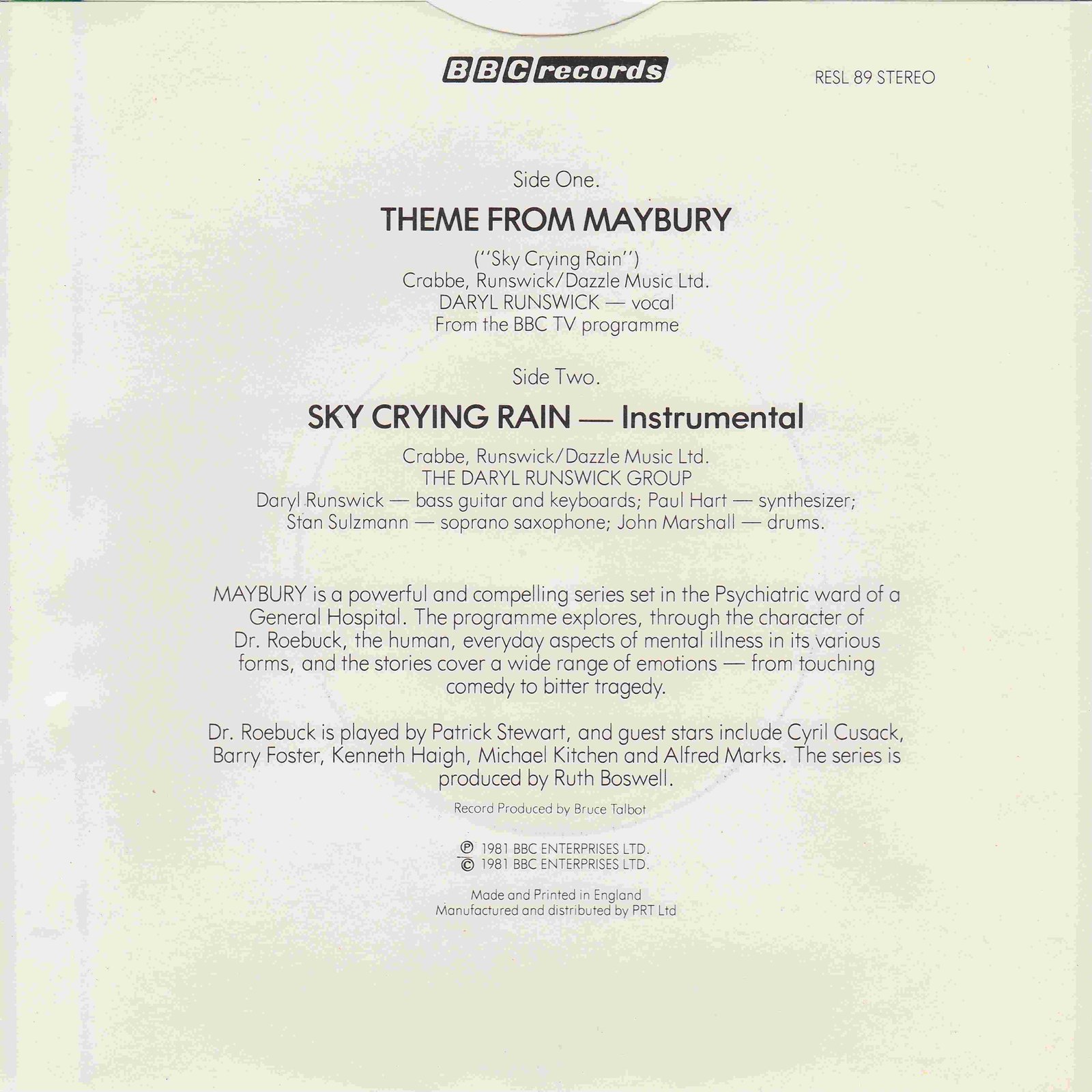 Picture of RESL 89 Sky crying rain (Theme from Maybury) by artist Crabbe / Daryl Runswick from the BBC records and Tapes library